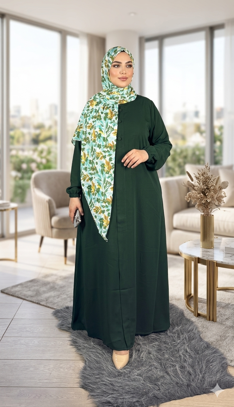 Abaya ample à poignets élastiqués avec foulard fleuri — Vert olive