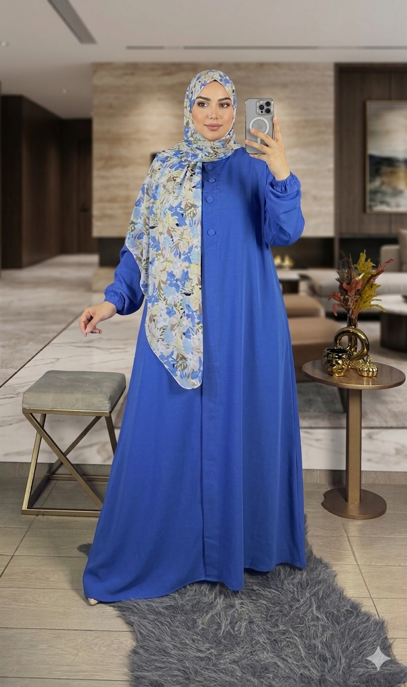 Abaya ample à poignets élastiqués avec foulard fleuri — Bleu jean
