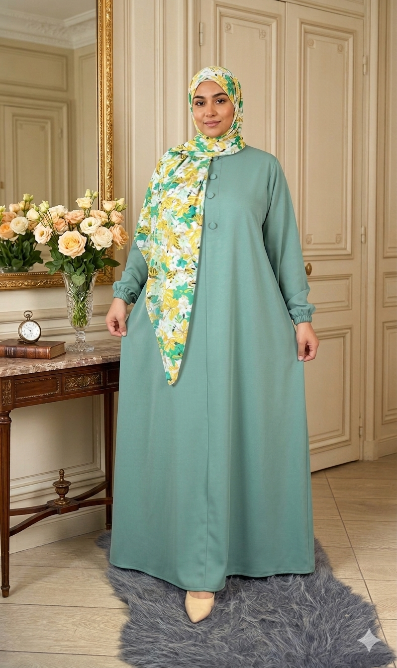 Abaya ample à poignets élastiqués avec foulard fleuri — Vert menthe
