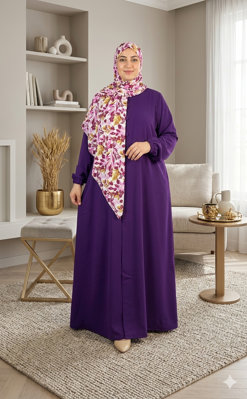 Abaya ample à poignets élastiqués avec foulard fleuri — Violet
