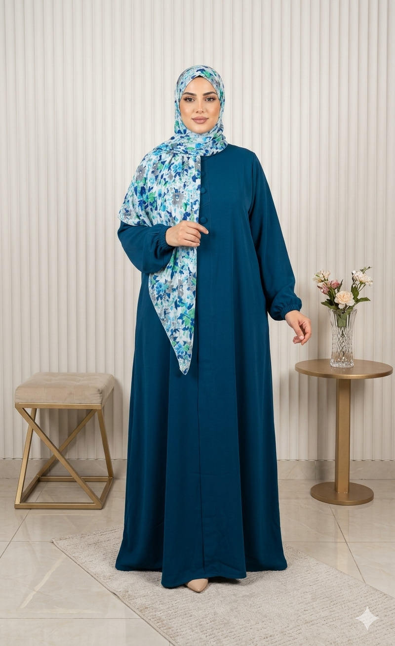 Abaya ample à poignets élastiqués avec foulard fleuri — Bleu pétrole