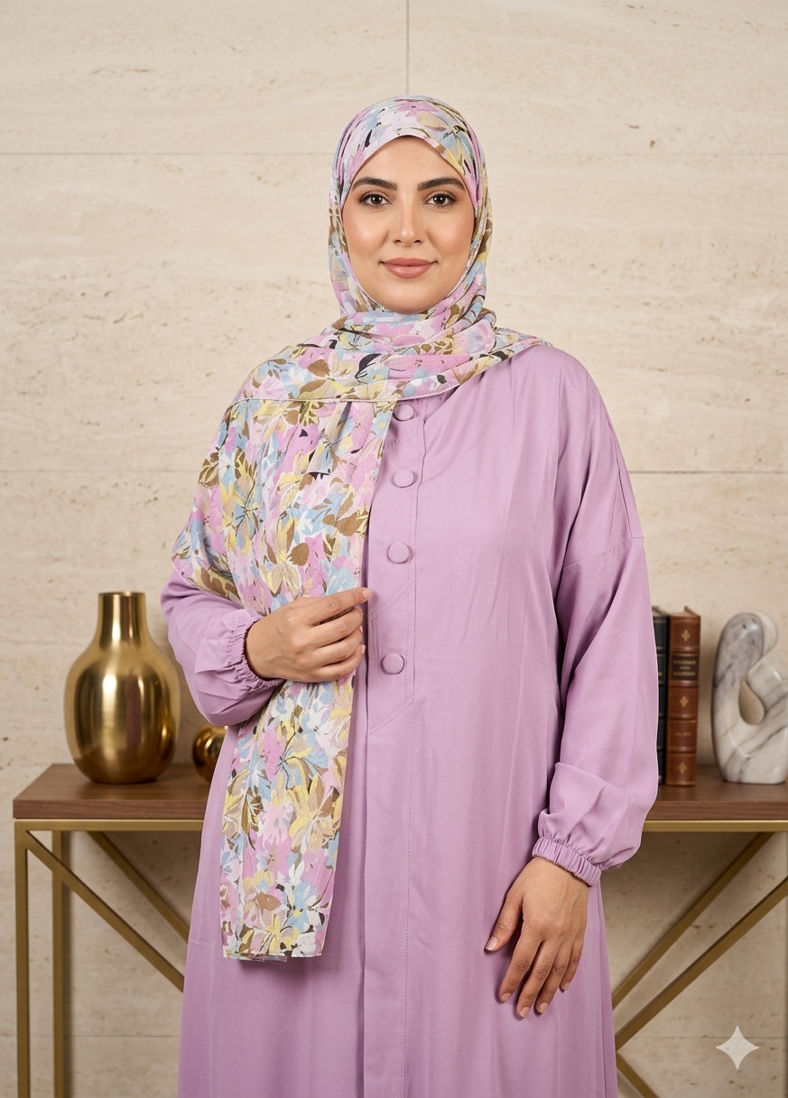 Abaya ample à poignets élastiqués avec foulard fleuri — Mauve clair