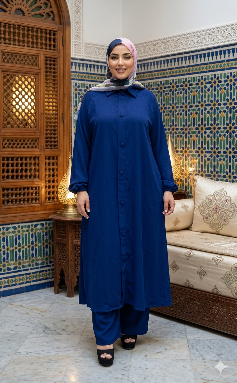 Ensemble à tunique longue évasée et pantalon assorti — Bleu marine