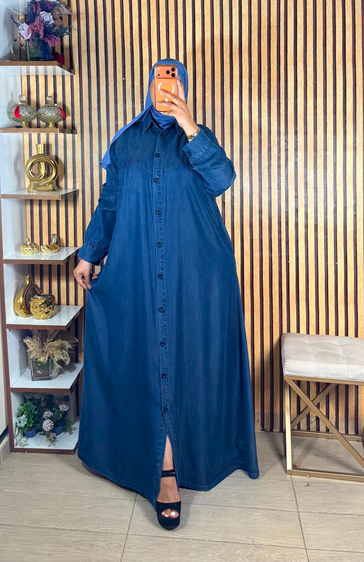 Robe chemise longue en Tencel à empiècement arrondi — Bleu jean
