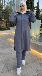 Ensemble à tunique longue à capuche et volants aux épaules — Gris foncé