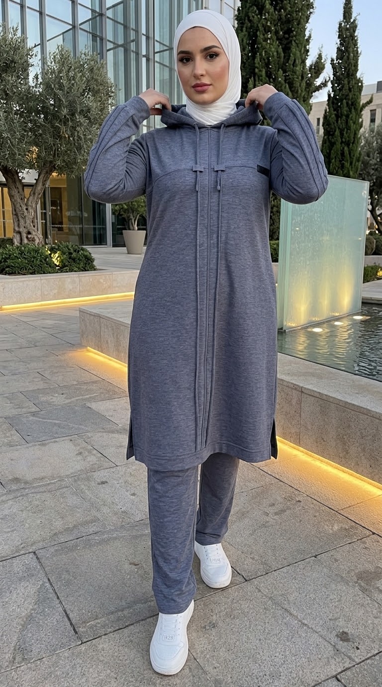 Ensemble à tunique longue à capuche et volants aux épaules — Gris foncé