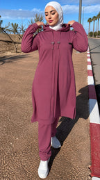 Ensemble à tunique longue à capuche et volants aux épaules — Rose poudré