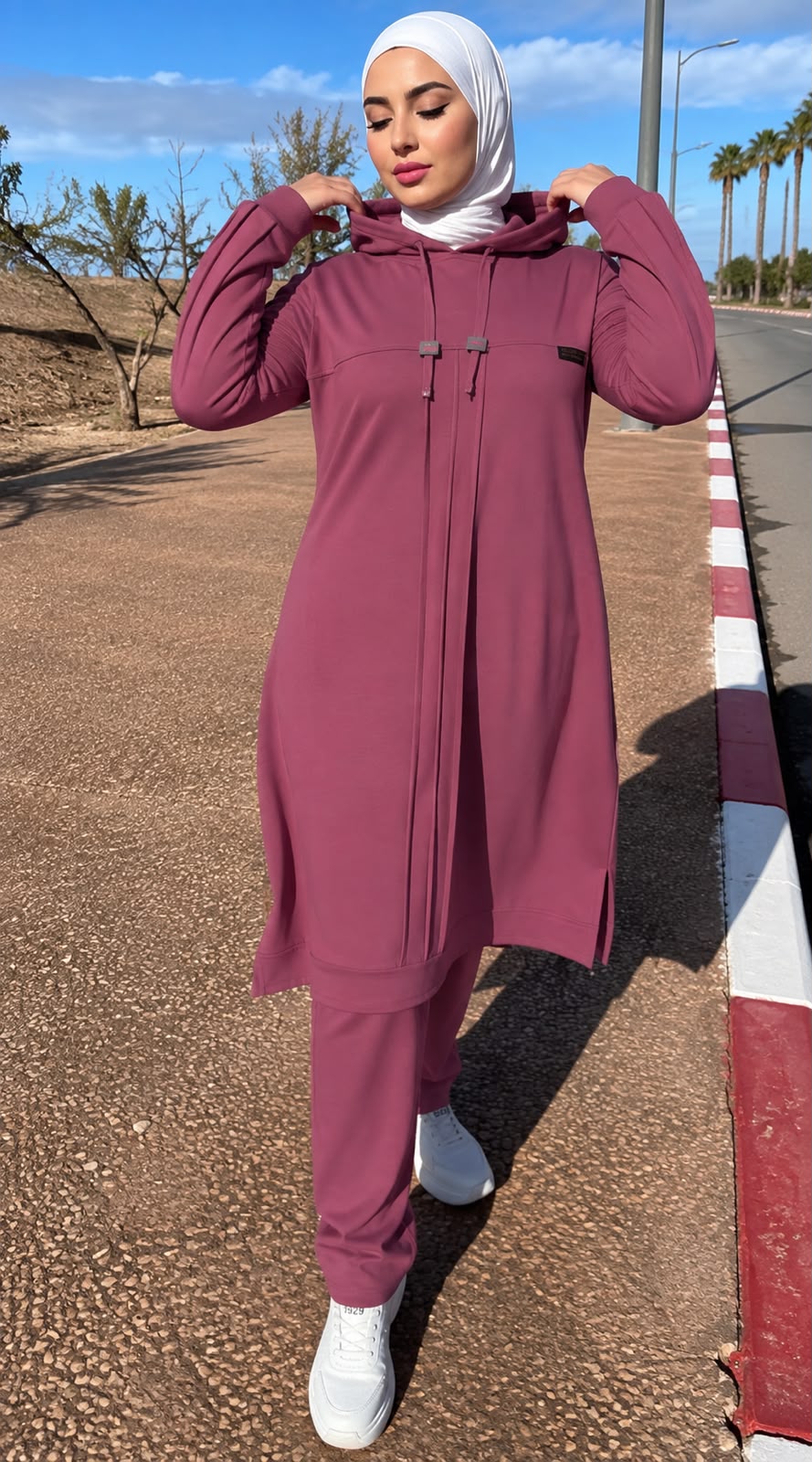 Ensemble à tunique longue à capuche et volants aux épaules — Rose poudré