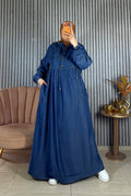 Djellaba longue en Tencel à capuche et taille froncée — Bleu jean