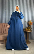 Robe longue en Tencel à taille haute froncée et poignets élastiqués — Bleu jean