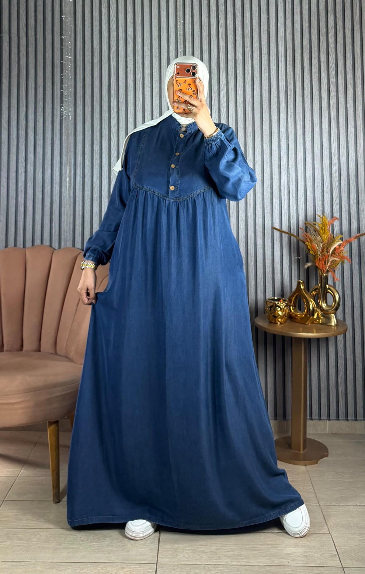Robe longue en Tencel à taille haute froncée et poignets élastiqués — Bleu jean