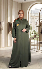 Abaya longue zippée en piqué à broderie florale — Vert olive