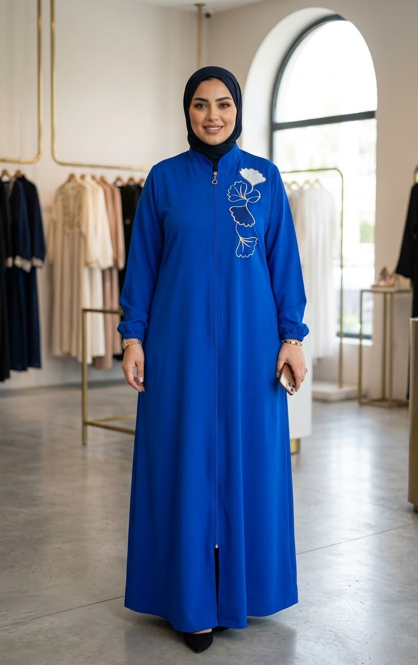 Abaya longue zippée en piqué à broderie florale — Bleu roi