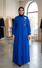 Abaya longue zippée en piqué à broderie florale — Bleu roi