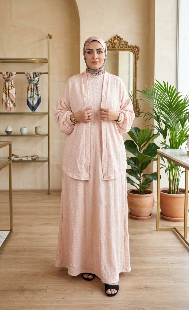Ensemble en maille fine à cardigan long et jupe longue — Rose poudré