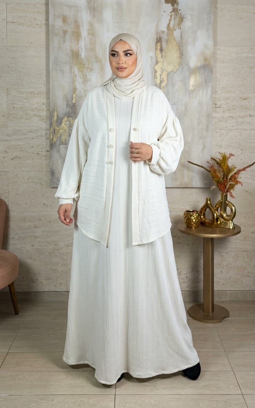 Ensemble en maille fine à cardigan long et jupe longue — Écru