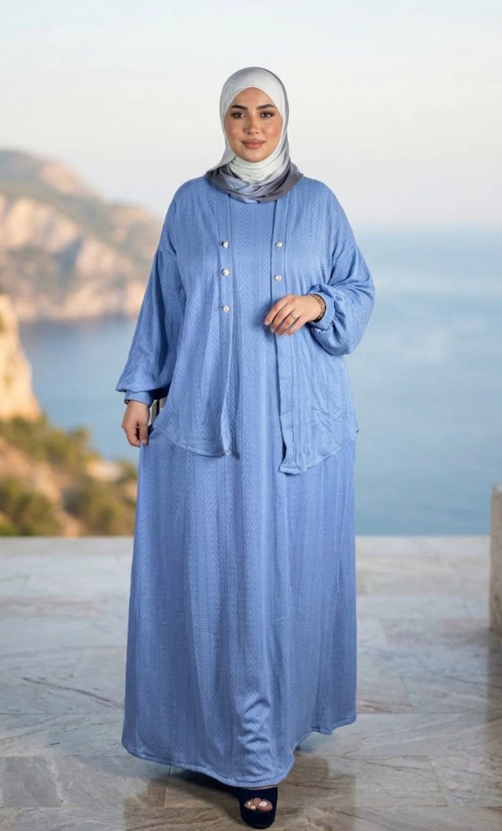 Ensemble en maille fine à cardigan long et jupe longue — Bleu clair