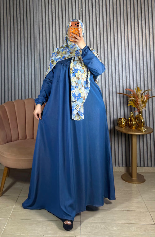 Abaya évasée en Tencel avec foulard assorti — Bleu jean