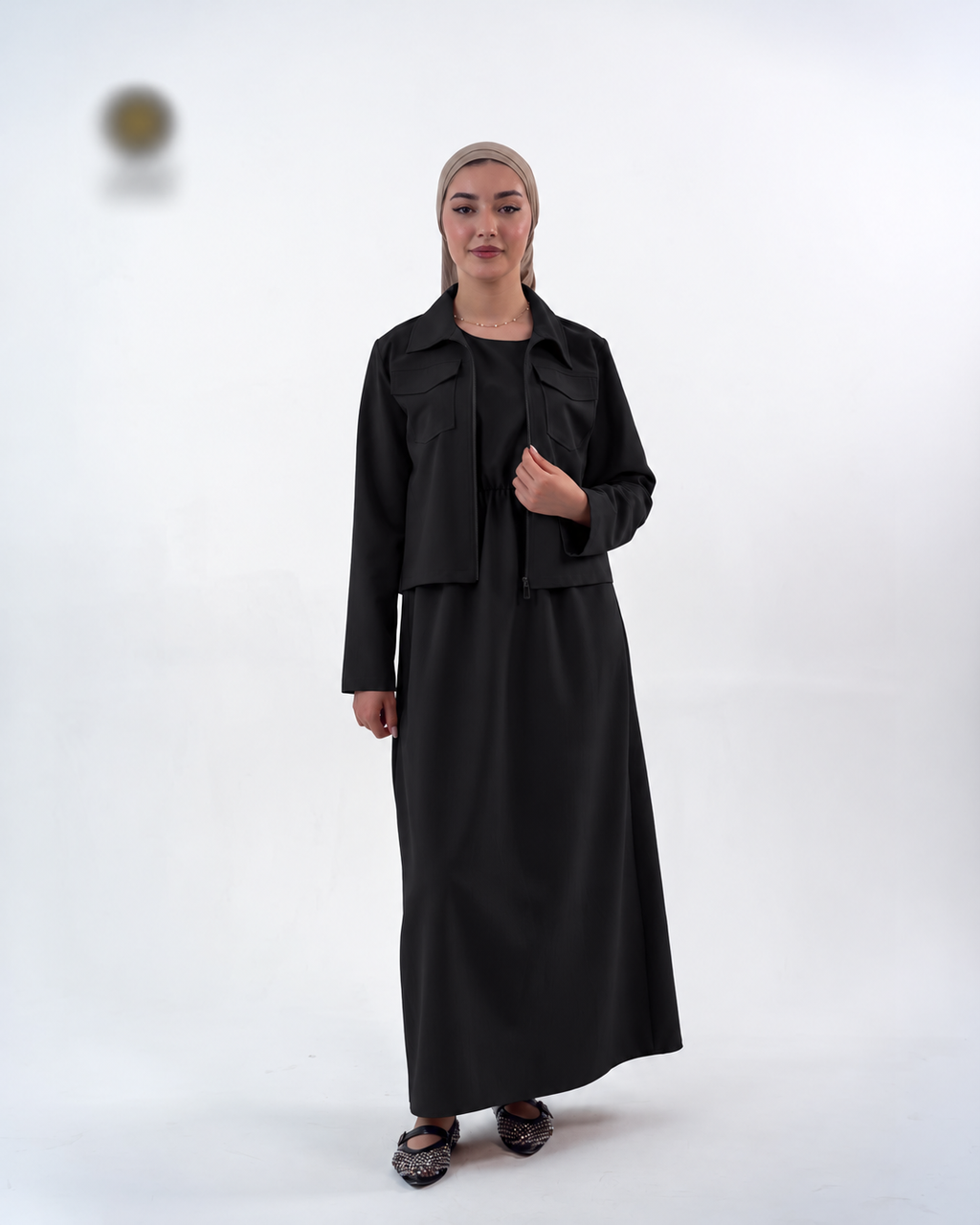 Ensemble robe longue froncée et veste courte zippée — Noir